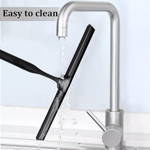 Image of 10 inch Stainless Steel Shower Squeegee for Shower Glass with Adhesive Hook for Cleaning Bathroom Glass Doors Car Window Mirrors and Tile Wall (Matte Black + Hook)