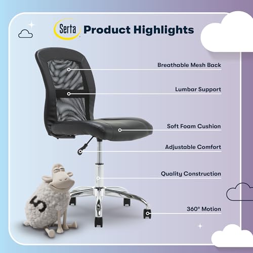 Image of Serta Essential Armless TaskChair, Small Desk Chairs with Wheels, Breathable Mesh Back and Faux Leather, Quality Foam Cushion Seat for Comfort, Minimal Design for Vanity Table, Black