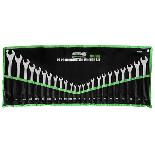 Grip 24 pc Combination Wrench Set MM/SAE - Raised Panel - Open & Boxed Ends - Roll-up Storage Pouch - MM: 7mm to 22mm - SAE: 1/4” to 1”