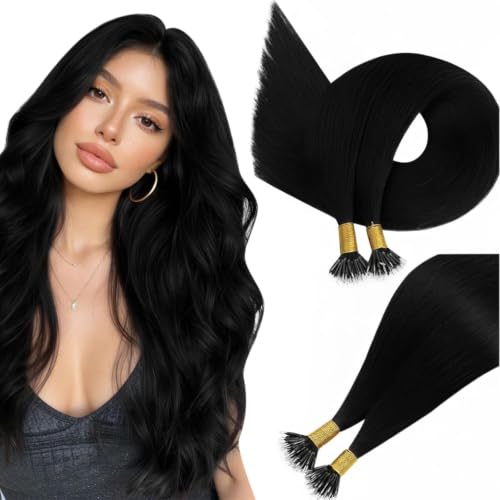 Image of Easyouth Nano Beads Hair Extensions Black Nano Extensions Human Hair Jet Black 18 Inch 50g 50s Nano Ring Hair Extension Human Hair Add Length and Volume for Women