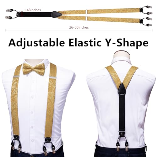 Image of YOHOWA Men Suspenders 6 Clips Strength Adjustable Y Braces Pre-Tied Bow Tie Set Formal Wedding Party