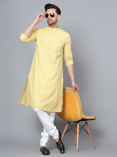 Image of LATEST CHIKAN Men's Cotton Regular Striped Knee Lenght Kurta Full Sleeves - Casual Ethnic Wear