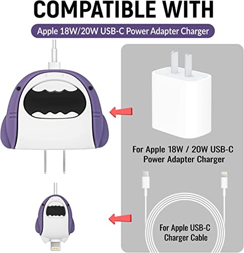 Image of Meyaar Silicone Protective Case for Apple 20W & 18W iPhone USB-C Power Adapter Charger and for USB Lightning Cable, 3D Cartoon Case for iPhone Charger 18W /20W Only (Shark (Grey))