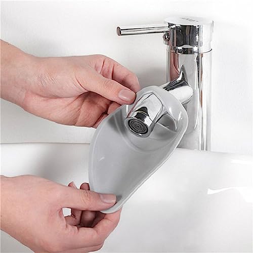 Image of Portable Silicone Bathroom Sink Faucet Extender - Splash Reducing Hand Washing Helper for Toddlers, Kids, and Children, Faucet Cover Extension Attachment (Grey)