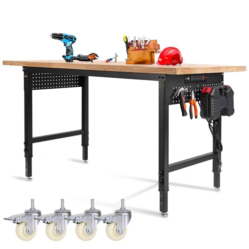 Height Adjustable Workbench with Wheels 6022 Heavy Duty Work Table 2000 LBS Capacity Rolling Work Table Rubber Wood Work Station with Power Outlet & Pegboard for Garage, Office, Workshop