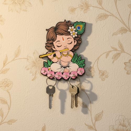 Image of Cute Krishna Wall-Mounted Key Holder, Peacock Feather & Floral Art, 20x25 cm, 7 Hooks, Pink UV Printed Design, Decorative Key Stand - Home & Office