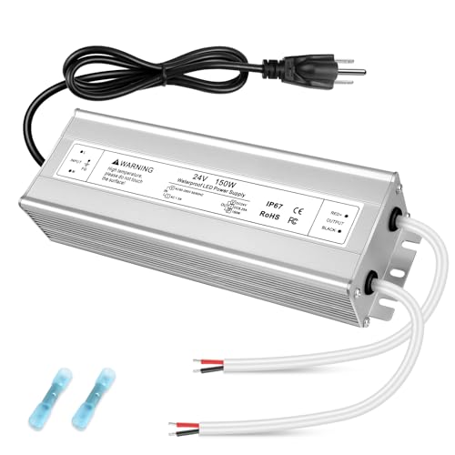 Image of 24V 150W LED Power Supply, IP67 Waterproof LED Driver, AC 110V to DC 24 Volt 6.25A Low Voltage Transformer Converter for Outdoor LED Strip & Landscape Lighting, 3-Prong Plug with 3.3FT Cable
