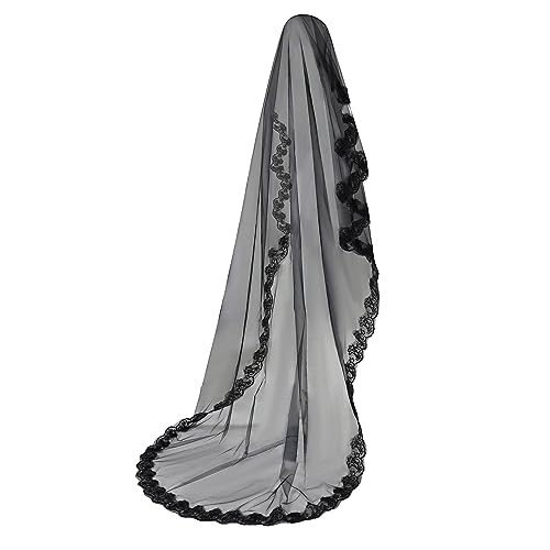 Mantilla novia negra de encaje largo y tul suave de 1/2 nivel con diseño vintage gótico 3