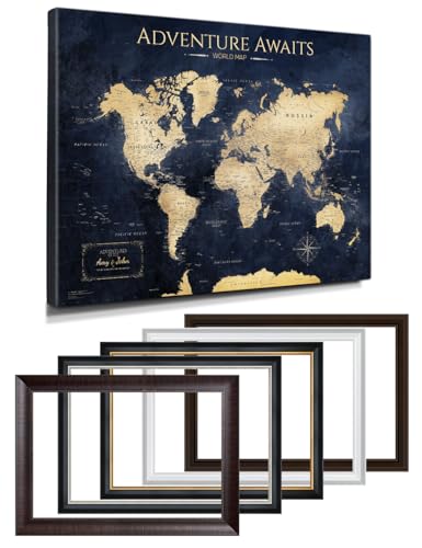 Image of IPIC - Personalized Framed World Map for Wall Art, Push Pin Travel Map Decor to Track Travels, Custom Artwork with Names, Pinnable Wall Decor for Home, Office, Study or RV, Ready to Hang