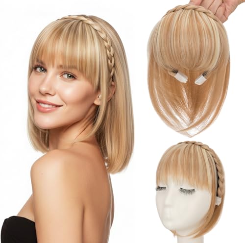 S-noilite Bandeau avec frange, perruques à frange frontale, postiche tressé synthétique avec extensions de cheveux à frange,Blond foncé mélangé à blond...