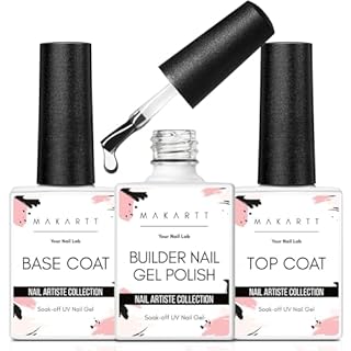 Makartt Builder Nail Gel with Top Coat Nail Polish & Base Coat Set - 3Psc No Wipe Hard Gel for Long Lasting, 7 in 1 Clear Gel Builder Kit for Nails Strengthener Extension in a Bottle, UV Lamp Required