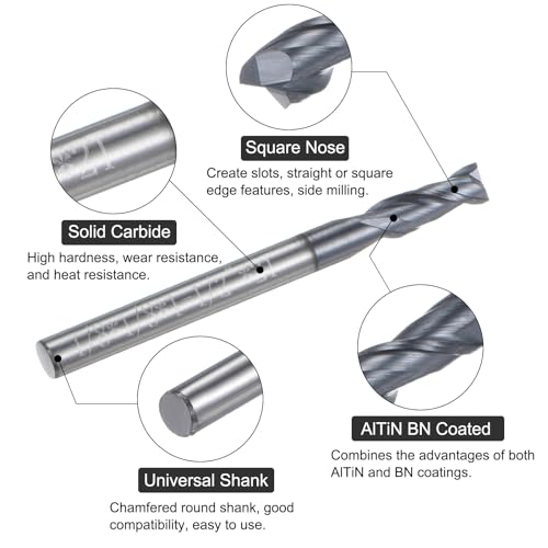 Image of uxcell Carbide Square End Mill, 1 /8 inch Diameter AlTiN BN Coated 2 Flutes Milling Bit Cutter, for Hardened Steel Cast Iron Alloy Metal, 1 /8 inch Shank 3 /8 inch Cut Length 1-1 /2 inch Long HRC50