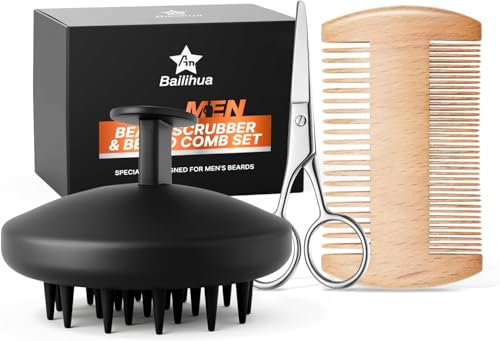 Beard Scrubber Brush Kit for Men Silicone Beard Brush & Scalp Massager Beard Exfoliator for Beardruff Beard Shampoo Brush with Dual-Sided Comb and Mustache Scissors 3 Piece Grooming Set