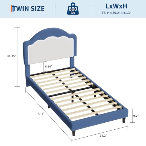 Image of GarveeHome Bed Frame with LED Headboard for Kids, Sherpa Upholstered Platform Bed Frame with Wood Slat Support, No Box Spring Required, Easy to Assemble (Blue, Twin)