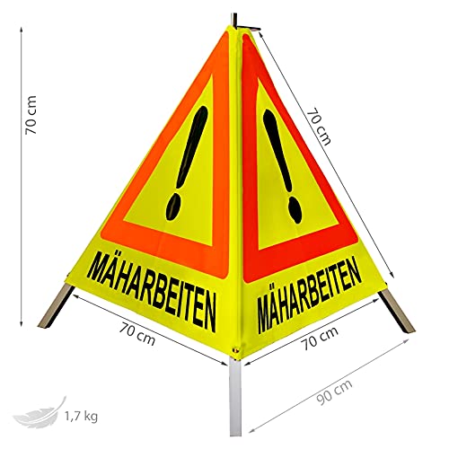 Warnpyramide/Faltsignal - MÄHARBEITEN - VZ101-Ausrufezeichen (2 - tagesleuchtend gelb, 70 cm leicht mit Mittelfuß)