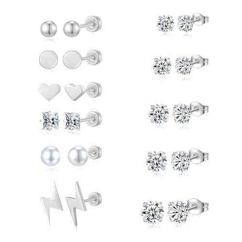 Silver/Gold Stud Earrings Set for Women, 14K Gold Plated Hypoallergenic Heart Pearl Ball Flat Back Studs Pack 316L Stainless Steel CZ Earrings Multi-Style & Size 3-8mm