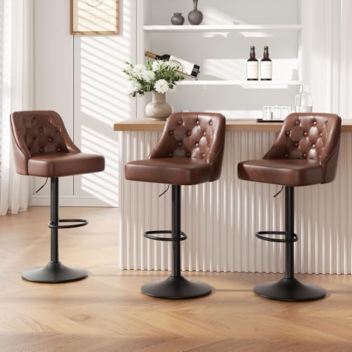 Juego de 3 Butacos Ajustables para Barra con Respaldo, Asiento Giratorio Tapizado en Cuero Sintético, Estilo Retro para Isla de Cocina, Marrón Oscuro miniatura 1