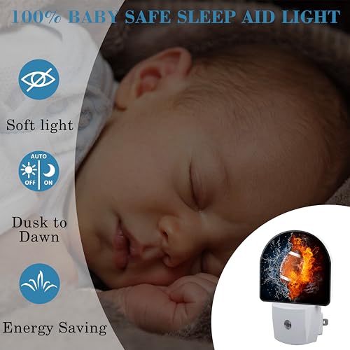 Image of Ice and Fire Football Night Light for Kids, LED Night Light Plug into Wall with Dusk to Dawn Sensor for Girls Boys Women Men Room Decor, Hallway, Kitchen, Bathroom, Nursery, Stairs