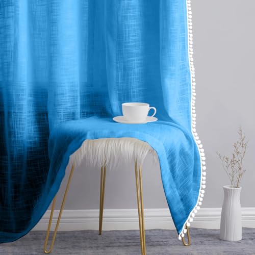 Image of THE LINEN COMPANY Cotton Curtains Net Curtains with Pom Pom Lace Rod Pocket Sheer Curtains Light Filtering Window Curtains Living Room Curtains Carolina Blue 10 Ft Pack of 2