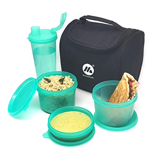 Image of Mahaware Maharaja Plastic Lunch Box Set with Insulated Bag, Set of 4, Green