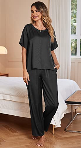 Image of Ekouaer Womens Satin Silky Pajama Set Short Sleeve Shirt with Long Pajama Pant Set Soft PJ Loungewear