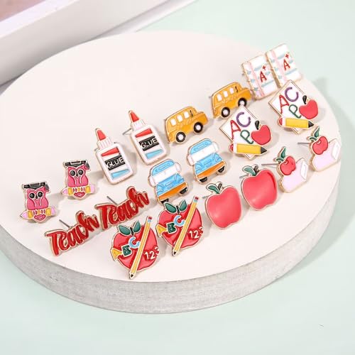 Teacher Earrings Hypoallergenic Cute Small Stud Earrings Funky Apple Books Pencil Teach Owl School Themed Studs Back to School Season Jewelry Teacher’s Day Appreciation Gifts for Students Teacher2