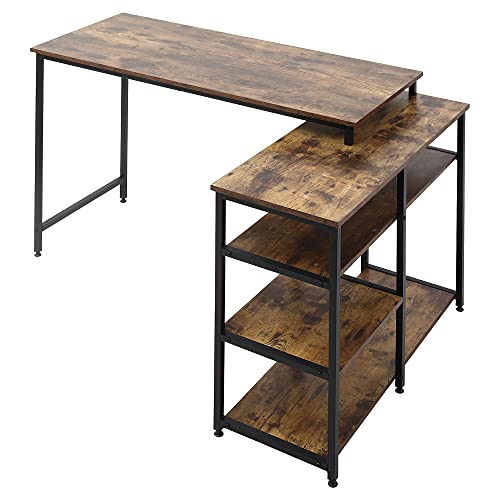 VSOGA Escritorio de esquina en forma de L para PC con estante y cajón, 135 × 90 × 79 cm, marrón rústico, tablero de partículas de metal para oficina y oficina en casa