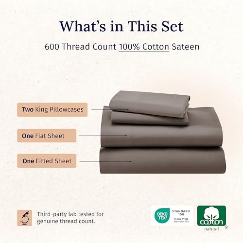 California Design Den 600 Thread Count Sheets King, 100% Cotton Sheet, Sateen, King Size Bed Sheets, Soft, Cooling, Hotel-Quality Bedding with Deep Pockets (Mushroom - Taupe Brown)