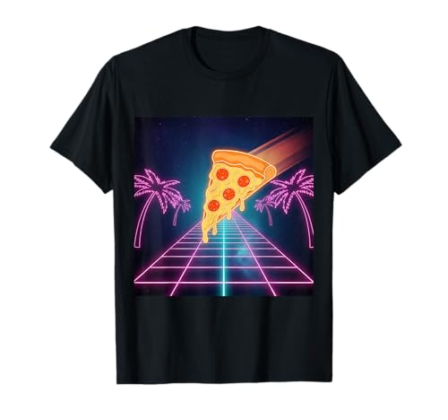Rebanada de Pizza con Queso y Pepperoni Retro de los 80 Grid Outrun Vision Camiseta