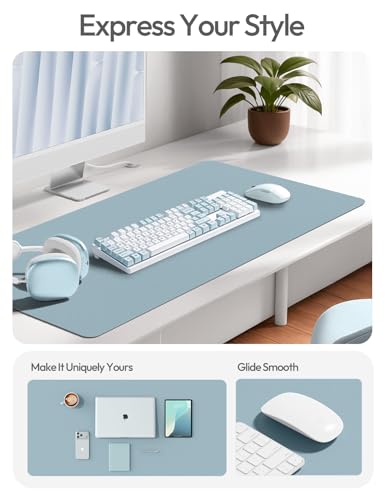 Image of YSAGi Leather Desk Protector, Office Mat, Large Mouse Mat, Non-Slip PU Leather Blotter, Laptop Desk Pad, Waterproof Writing Pad for Office and Home (Ice Blue, 23.6 inch x 13.8 inch)