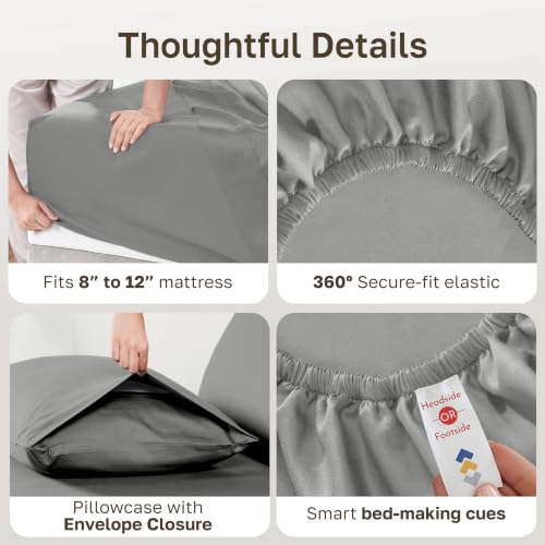 Image of Soft Natural 100% Cotton Sateen Twin Bed Sheets, 3 Pc Set, Misty Grey