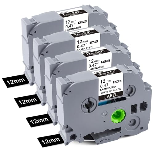 BOYEEZON 4Pack TZe-335 Label Tape Replacement for Brother P Touch TZe-335 Label Tape White on Black TZe TZ Tape 12mm 0.47 Laminated Black Label Maker Tape TZ-355 for Ptouch PTD210 PTD400 PTD410 PTD600