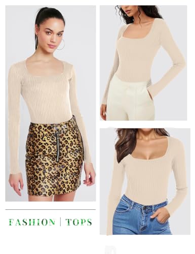 v28 Women Square Neck Knit Elasticity Stretchable Long Sleeve Slim Sweater Tops4