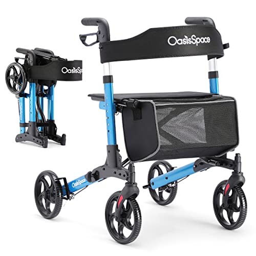 OasisSpace Rollator Walker, Medical Rollator Walker with Seat, Foldable and Height Adjustable Rolling Walker with Storage Bag for Senior, 300lbs(Blue)