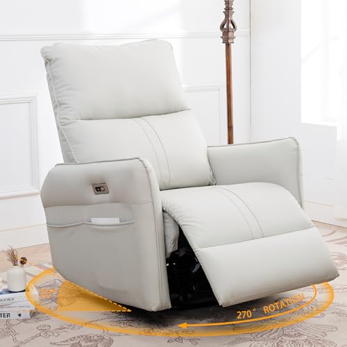 QKFF Power Swivel Rocker Recliner Chair for Nursery, Upholstered 270° Swivel Glider Rocker Chair with USB Ports, Small Power Recliners for Small Spaces Living Room (Light Grey)
