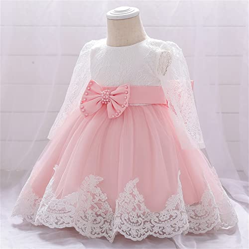 Infant Baby Girls Ruffle Long Sleeve Lace Bowknot Flower Dresses Pageant Party Wedding Princess (Pink, 12-18 Months) #TOP1