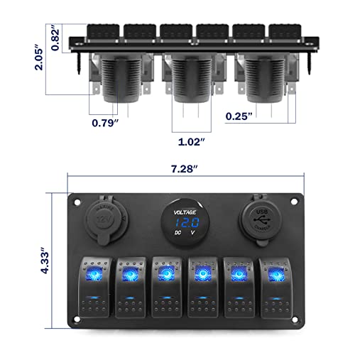 Thalassa 6 Gang Marine Boat Rocker Switch Aluminum Panel Waterproof With Blue Digital Voltage Display, Dual Pd +Qc3.0 Usb Outlet, 12V Dc Cigarette Lighter Port For Car Truck Rv Vehicles Yacht #TOP2