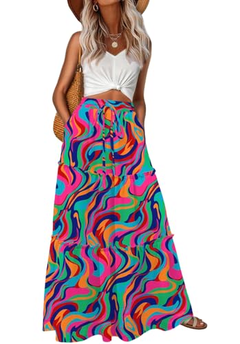 Image of Lepunuo Womens Casual Boho High Waisted Flowy Maxi Skirts Tiered Floral Long Skirts with Pockets for Summer Beach Vacation