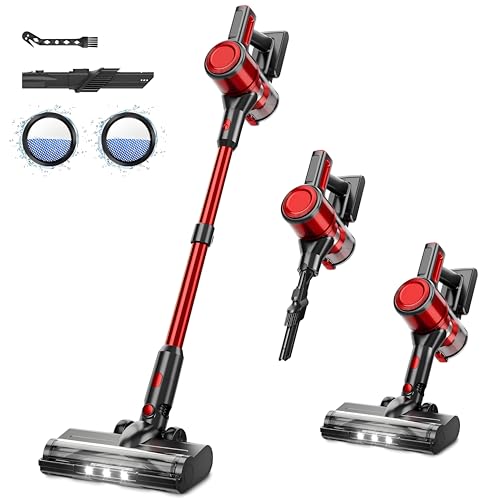 BSNAW Cordless Vacuum Cleaner for Home - Lightweight, 30Kpa Stick Vacuum Clean with Rechargeable Battery, Max 45Mins Runtime, 8 in 1 Handheld Vacuum for Hardfloor & Carpets Pet Hair, Red
