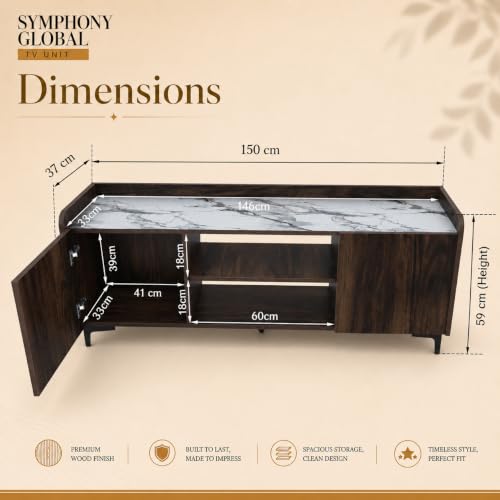 Image of Studio Kook Symphony Global 150 cm TV Unit, Junglewood with Marble Top | 150 cm engineered wood TV cabinet for 40-65 inch TVs, with two side cabinets, open shelves and a 70 kg tabletop capacity.