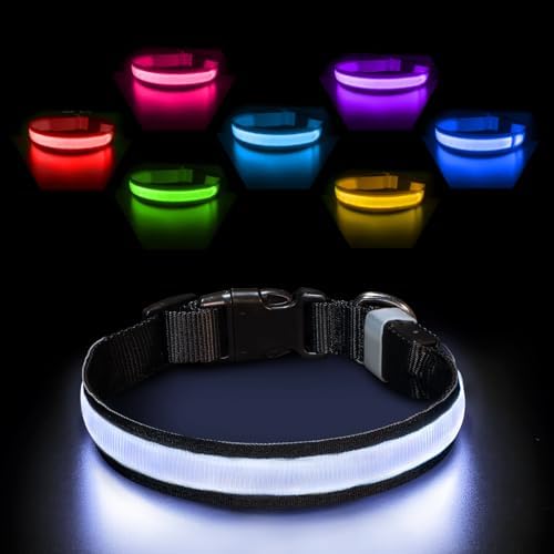 PcEoTllar Leuchthalsband Aufladbar, Einstellbar für Hunde Schwarz, L | LED Halsband mit 7 Farben & Blinkmodi. Aufladbar, wasserdicht & verstellbar für kleine bis große Hunde.