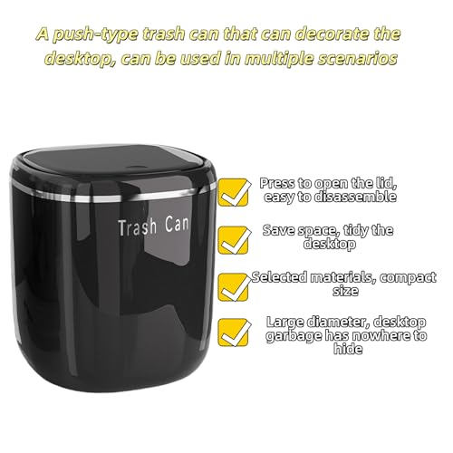 Image of 0.8 Gallon Mini Desktop Trash Can with Push-Open Lid, Small Countertop Waste Basket Includes 50 Bags，Eco-Friendly PP Little Garbage Can, Tiny Trash Bin for Office, Bedroom & Bathroom (Black)