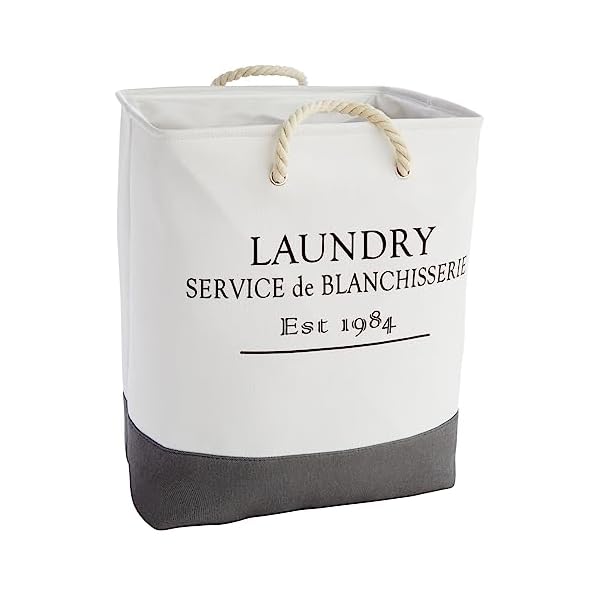 Canvas Laundry Basket with Handles for Bathroom, Bedroom (White and Gray, 60 L Capacity, 12x16x19.2 In)