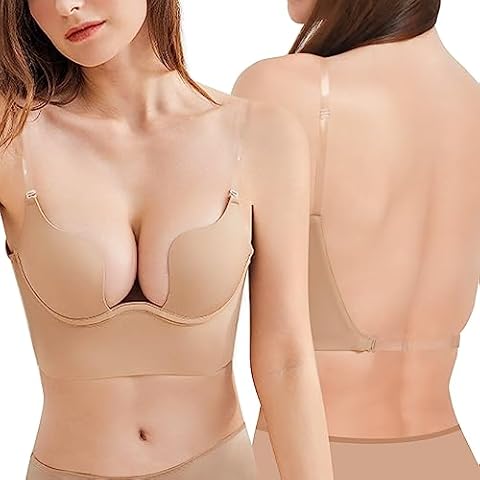 Sexy Code 1701 Womens Low Back Bras Deep Plunge Backless Bra Push Up Bra with Clear Straps, Low Cut Convertible Underwire Bra(SD365YS-Beige-32C) Cover