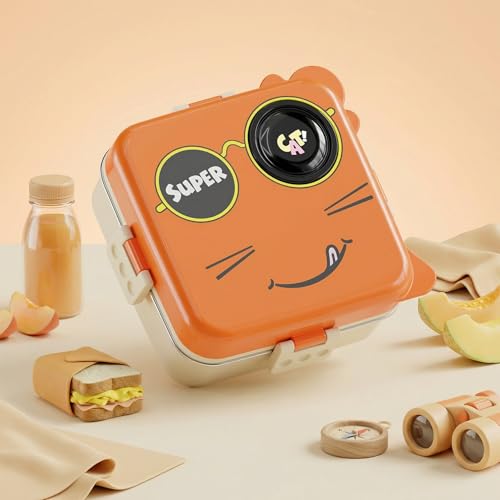 Image of 3 Compartment Lunch Box for Kids Boys Girls, Cartoon Cat Tiffin, Leakproof Stainless Steel Bento Box, 2 Layer Meal Box with Spoon & Snack Container, 1120ml + 70ml (Orange, Super Cat)