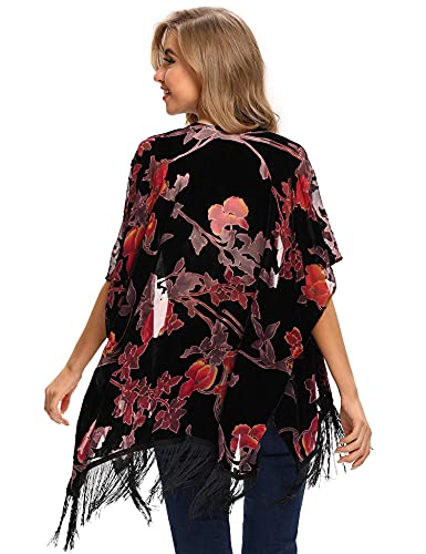 Image of MJ SERECA Women's Burnout Velvet Kimono Cardigan Cover Up with Tassel