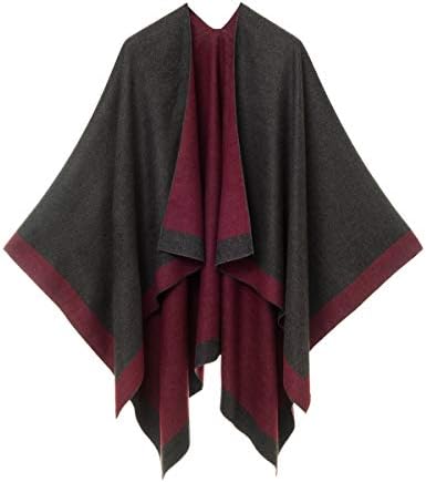 Excefore Women's Shawl Wrap Poncho Ruana Cape Cardigan Sweater Open Front for Fall Winter Spring, Red Gray