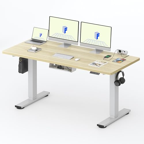 Image of FLEXISPOT EN2 Whole-Piece Standing Desk with Clamp Power Strip, 60 x 24 Electric Stand Up Height Adjustable Desk with Cable Management (White Frame + 55 inch White Wood Grain Desktop, 2 Packages)