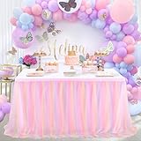 QueenDream Pink Tulle Table Skirt 6ft Rainbow Tutu Table Skirts for Rectangle Tables Unicorn Birthday Princess Girl Baby Shower Party
