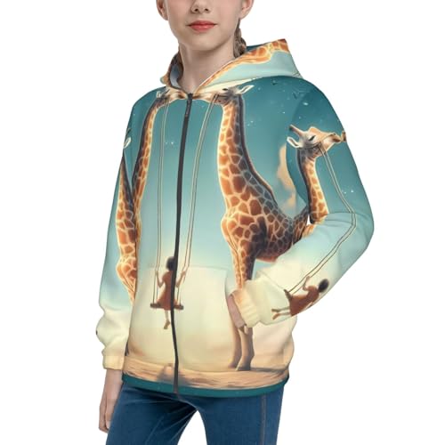Giraffe Swing Kids Pullover Hoodies Boys Zip Up Sweatshirts Girls Athletic Clothes with Pocket